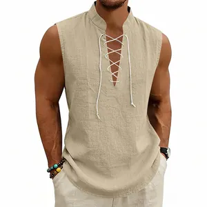 Close-up of men's Viking-style sleeveless linen vest with white lace-up drawstring detail