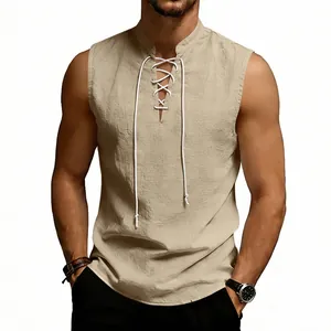 Men's vintage beige linen sleeveless vest with an adjustable lace-up V-neck detail