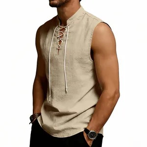 Detail of men's Viking sleeveless linen vest with drawstring neck and loose fit