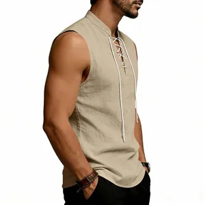 Close-up of men's medieval style sleeveless linen vest with drawstring lace-up front detail