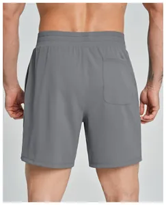 Professional back view of men's gray quick-dry athletic shorts with elastic waistband