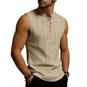 Close-up detail of khaki linen Viking vest featuring a stylish lace-up drawstring