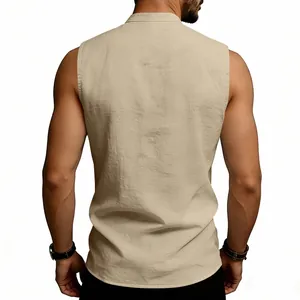 Back view of a beige men's linen Viking style sleeveless vest showing breathable fabric texture.