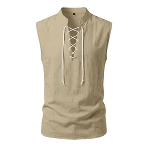 Front view of khaki men's Viking medieval linen vest with white drawstring lacing