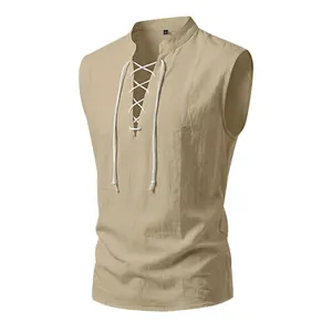 Sleeveless men's linen vest with lace-up front, Viking medieval style in beige