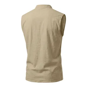 Back view detail of khaki breathable linen sleeveless Viking medieval vest for men.