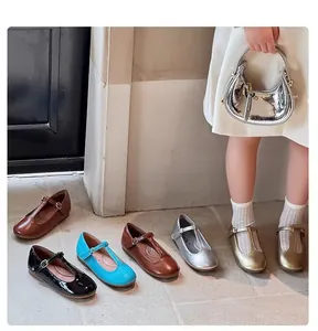 Detailed view of girl's T-bar Mary Jane leather shoes in various colors and finishes