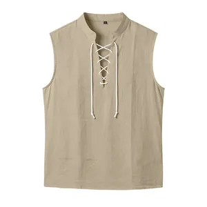 Men's medieval lace-up linen vest in khaki, breathable sleeveless summer top design