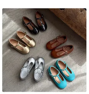 Top-down view of colorful children's T-strap Mary Jane shoes in diverse retro finishes