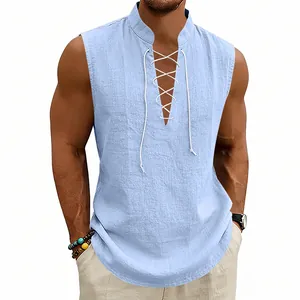 Detailed view of the lace-up neckline on this light blue breathable linen sleeveless vest