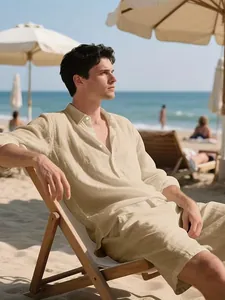 Männliches Model trägt ein beiges Leinenhemd und passende Shorts an einem sonnigen Sandstrand