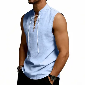 Detail of light blue sleeveless linen vest with medieval Viking lace-up neckline design.