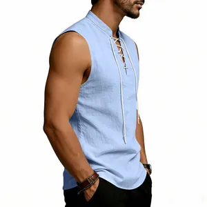 Close-up of a light blue medieval-inspired lace-up linen vest for men's casual summer wear