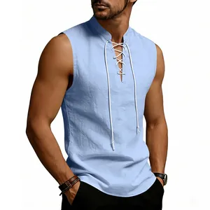 Detailed view of men's blue medieval linen vest featuring a white drawstring V-neck