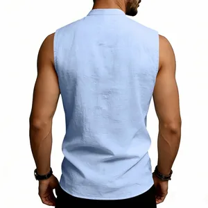 Detailed rear view of light blue breathable linen sleeveless medieval tank top for men