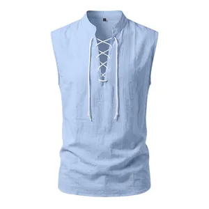 Men's light blue Viking medieval style sleeveless linen vest with lace-up front detail