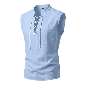 Detailed view of light blue Viking medieval drawstring sleeveless linen vest for men