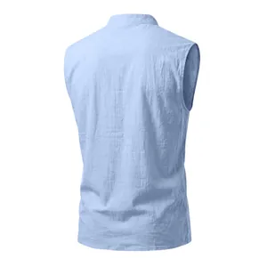 Rear view detail of a breathable light blue linen sleeveless vest for men in summer