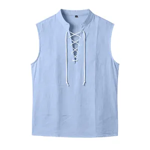 Light blue men's Viking style linen vest with white lace-up drawstring detail