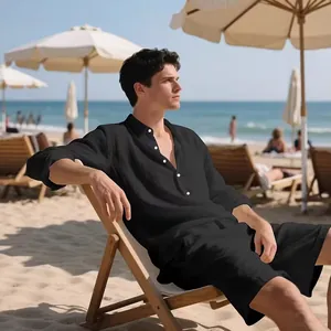 Herren Leinenmischung Casual Set Langarmhemd Und Kordelzug Shorts Einfarbig Sommer Strand Outfits Top And Bottom Kleidung