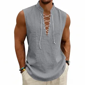 Grey medieval Viking style linen vest for men with white drawstring V-neck detail