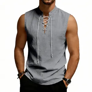 Men's medieval Viking style sleeveless linen vest with adjustable drawstring neck detail