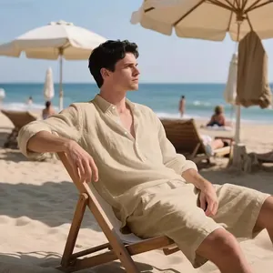Lockeres Herren-Leinen-Set für den Strand mit Langarmhemd und Shorts für den Sommer