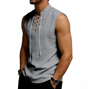 Close-up of grey linen sleeveless tank top with lace-up V-neck and stand collar design.