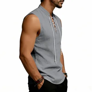 Men's Viking medieval sleeveless linen shirt with lace-up drawstring collar details.