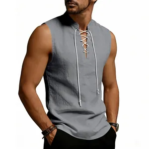 Detail of men's grey linen Viking vest featuring front drawstring lace-up design