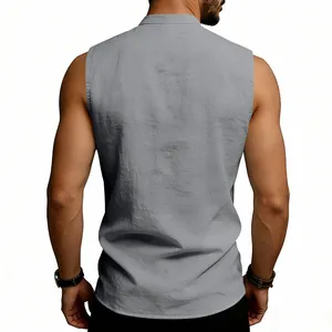 Detail view of the back of a grey linen sleeveless vest for men with texture