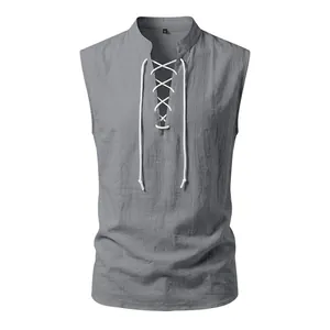 Detail of grey medieval Viking style sleeveless vest with front lace-up drawstring