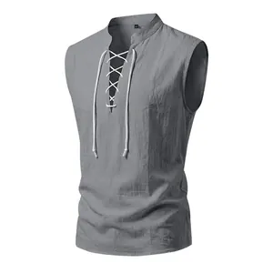 Detail view of a men's gray medieval linen vest with white lace-up drawstring front.