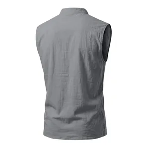 Detailed back view of a men's breathable grey linen sleeveless vest in a relaxed fit