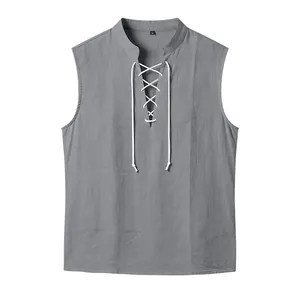 Detailed front view of gray medieval Viking linen vest with white lace-up drawstring