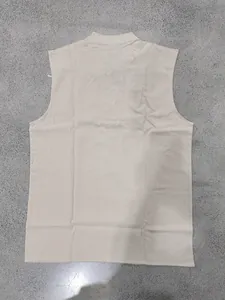 Detail back view of a beige men's medieval viking style loose linen sleeveless vest.