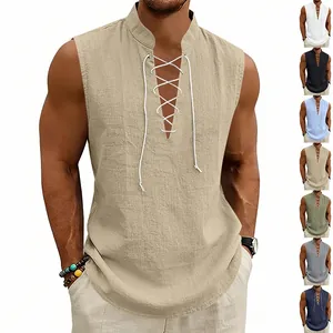 Men's Medieval Viking Vest Summer Linen Sleeveless Tank Top Retro V-Neck Drawstring Casual Loose Comfortable Lightweight Shirt