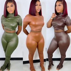 Conjunto de Dos Piezas de Cuero PU Sexy para Mujer Top y Pantalones Crop Top Ahuecado Pantalones Apilados Elásticos Club Outfits