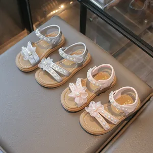 Modische Prinzessinnen-Sandalen für Mädchen mit Perlenblumen-Dekor, Rosa und Silber