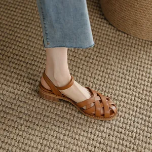 Women's French Retro Woven Sandals Summer Hollow Out Closed Toe Roman Shoes With Block Heel Adjustable Ankle Strap Sandals