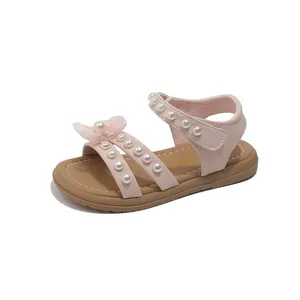 Rosa Mädchen-Prinzessin-Sandalen mit Perlen und Netzblumen, offene Sommerschuhe.
