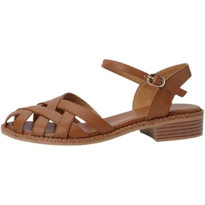 Elegant vintage French woven brown leather sandals with closed toe and low block heel