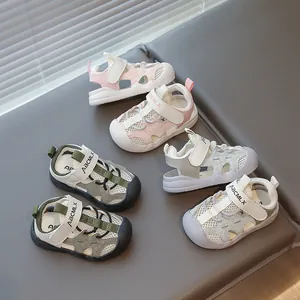 Breathable mesh baby sandals with soft soles for toddlers in pink green and grey