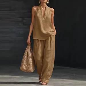 Sleeveless V-neck halter top and wide-leg trousers casual two-piece linen set for women