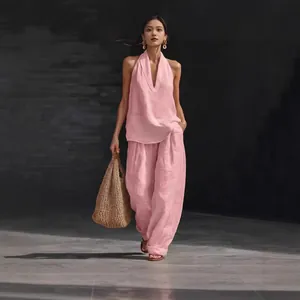 Elegant pink halter V-neck sleeveless top and wide-leg pants casual linen set for women