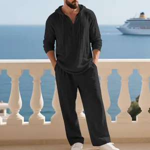 Herren Freizeit-Set aus schwarzem Leinen, zweiteilig mit Kapuzenhemd und langer Hose