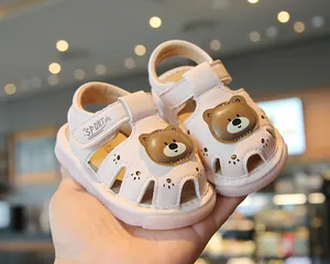 Close-up of pink toddler walking sandals with cute cartoon bear and soft non-slip sole.