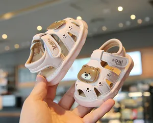 Cute pink cartoon bear toddler sandals with soft anti-slip sole and breathable design