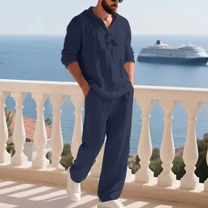 Lässiges Herren-Set aus marineblauem Leinen mit Kapuze, Langarmshirt und Hose