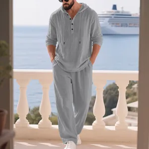 Herren Leinen Freizeitset in Grau mit Kapuzen-Henley-Shirt und passender langer Hose